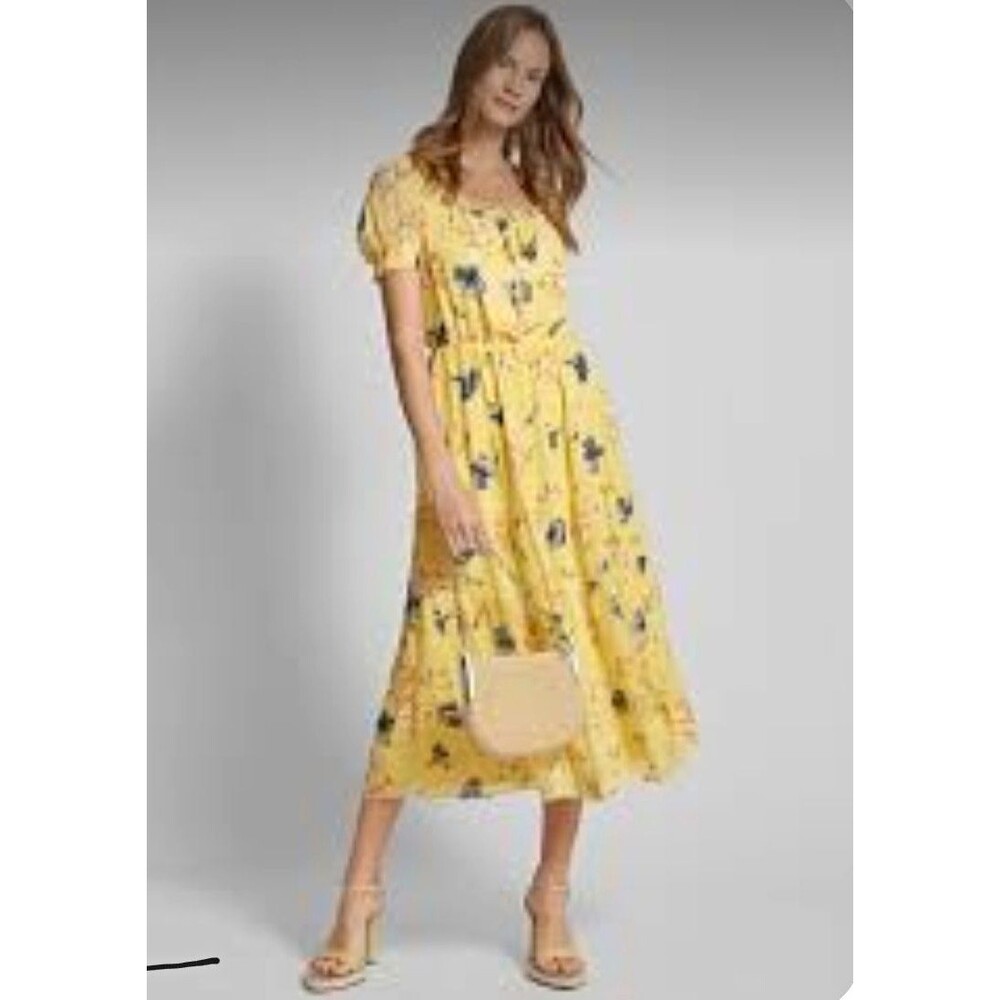 Lauren Ralph Lauren Yellow Floral Chiffon Midi Fit & Flare Dress Sz 12